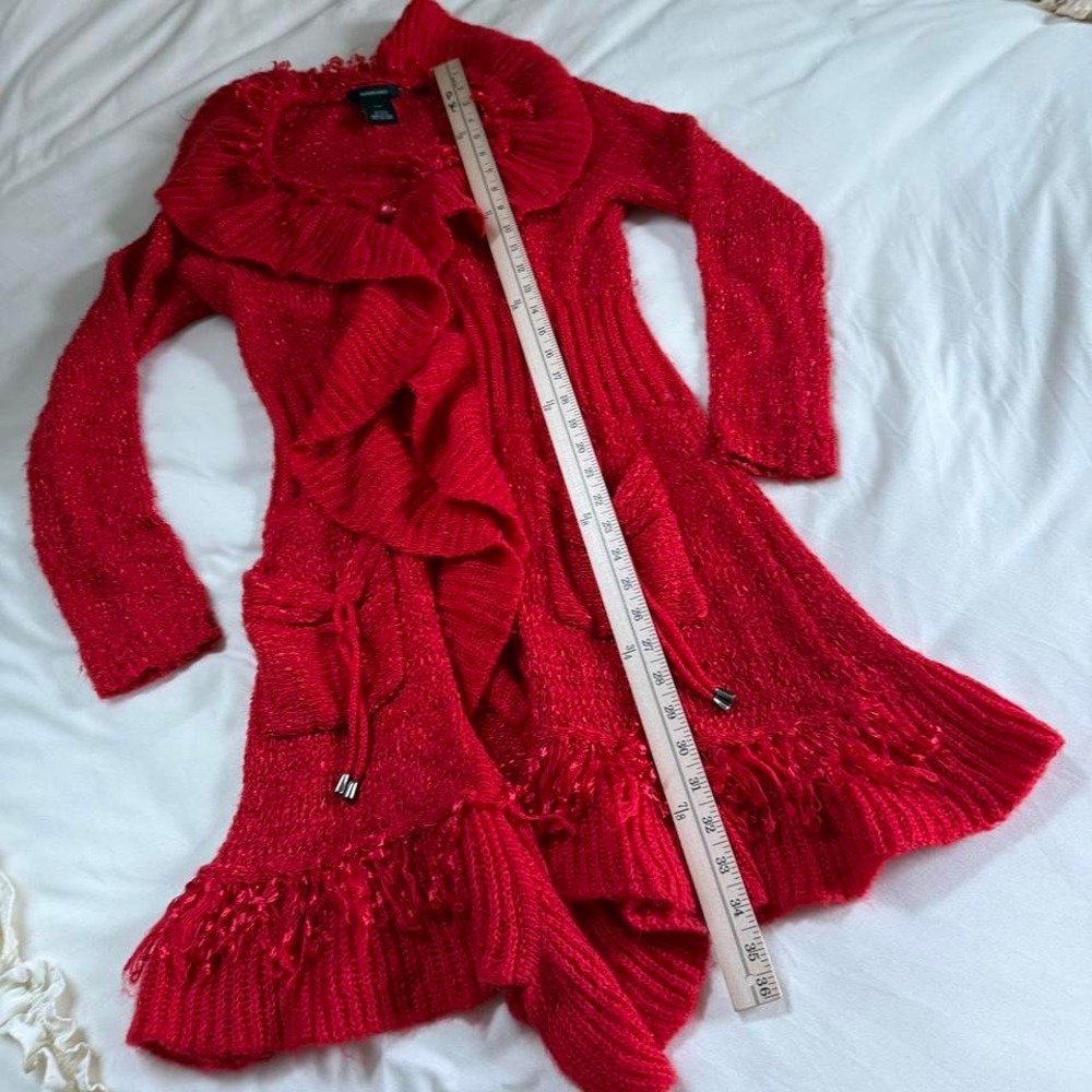red‎ ruffle fairy duster cardigan  Y2K alison sheri red knit ruffle cardigan - Picture 4 of 8